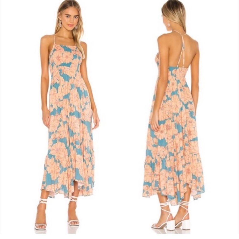Free people heatwave printed midi dress floral smocked‎ ruffle hem summer
